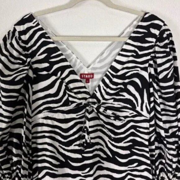 Staud Zebra Print Keshi V Neck 3/4 Length Sleeve Mini Dress Black & White Size X - Picture 2 of 7